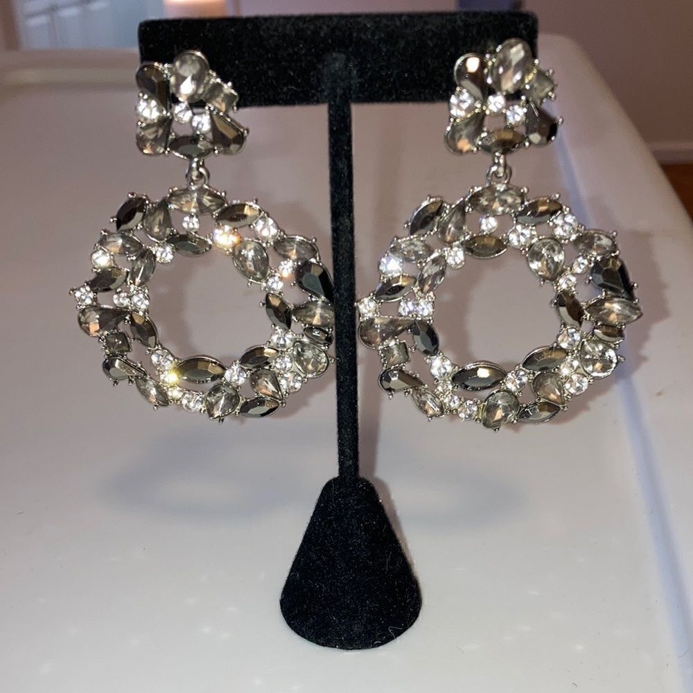 Handcrafted Large Round Crystal & Silver-tone Earrings with Post Closure. NWOT.